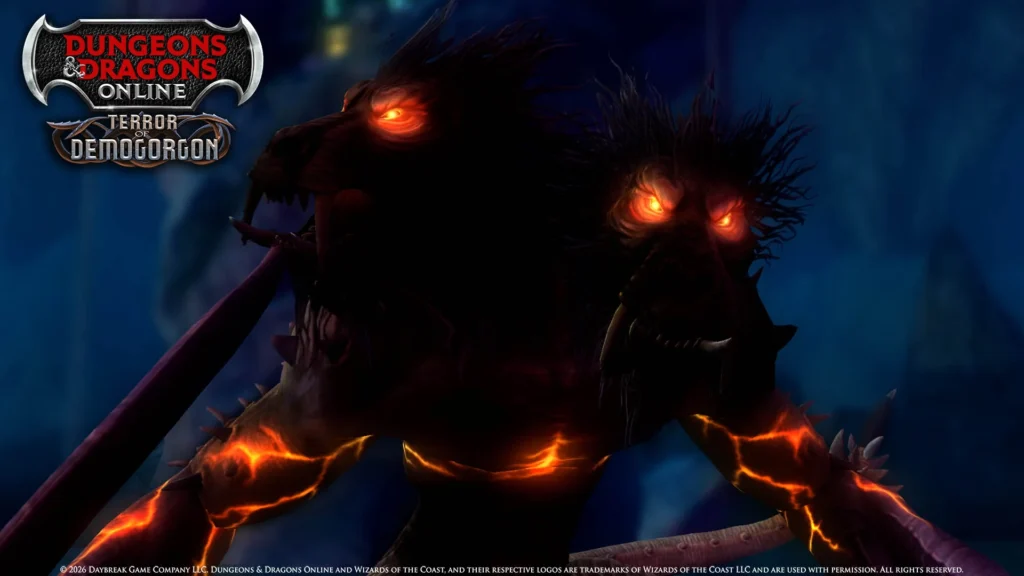 Criatura demoníaca de duas cabeças na expansão Terror of Demogorgon de Dungeons & Dragons Online